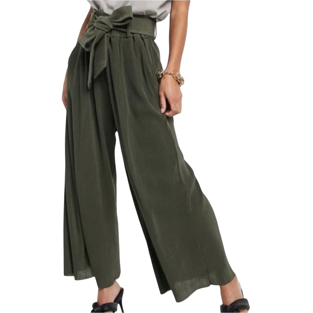& Other Stories Paris Atelier Olive Green Wide Leg Paper‎ Bag Waist Pants XS